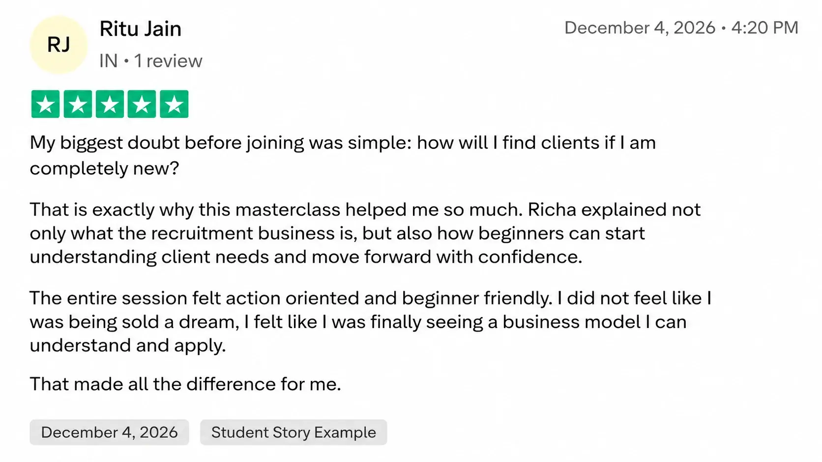 Five-star review from Ritu Jain about finding clients as a beginner