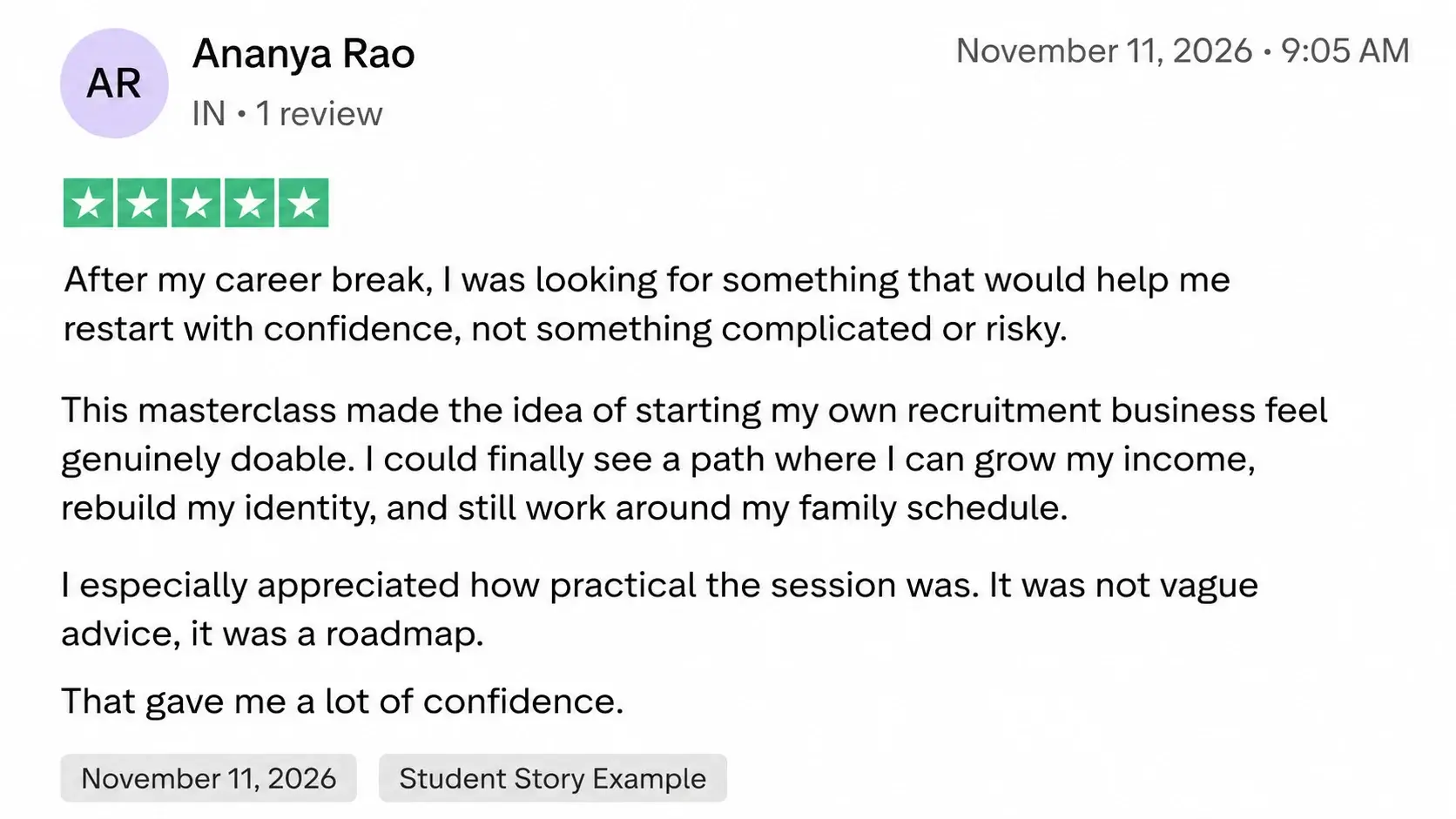 Five-star review from Ananya Rao about restarting with confidence after a career break
