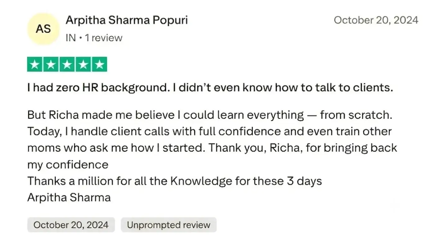 Five-star review from Arpitha Sharma Popuri about gaining confidence without an HR background