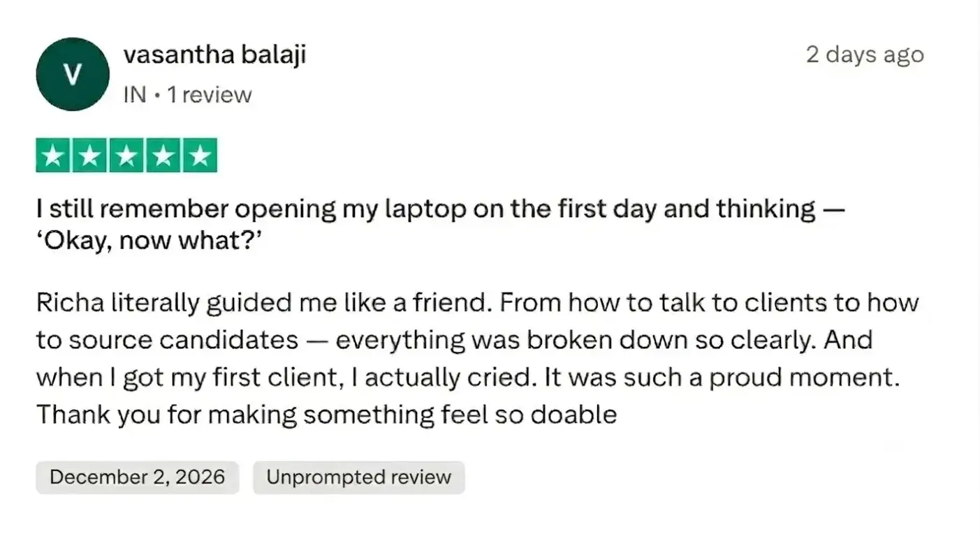 Five-star review from Vasantha Balaji about landing her first client with Richa's guidance