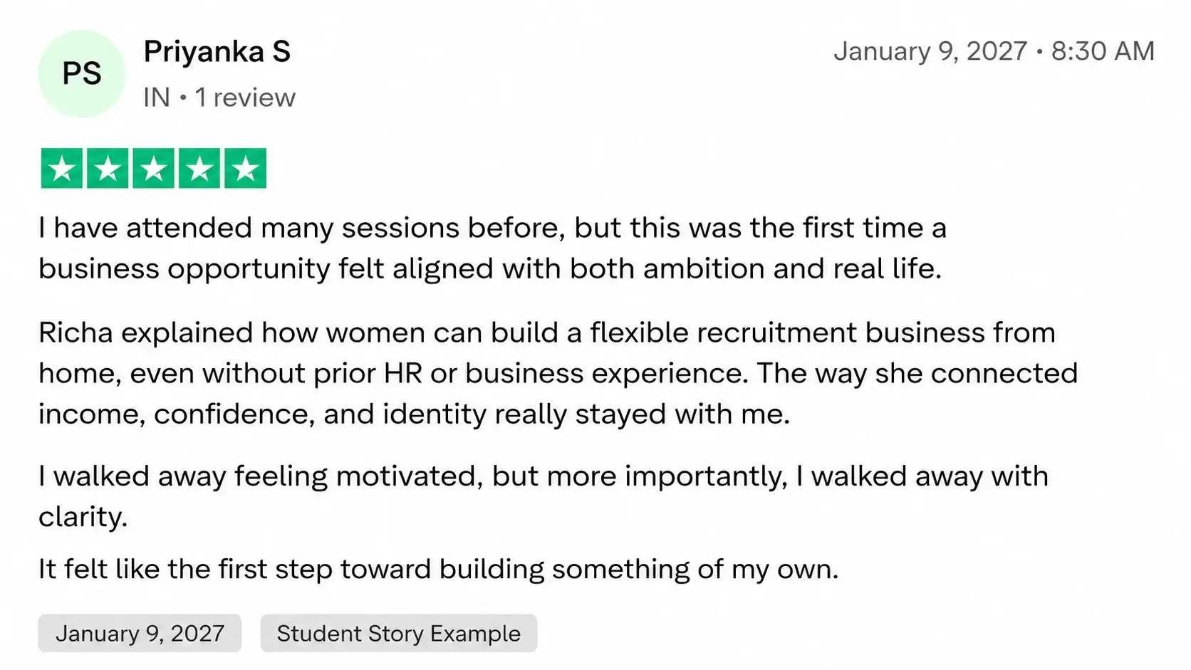 Five-star review from Priyanka S about building a flexible recruitment business from home